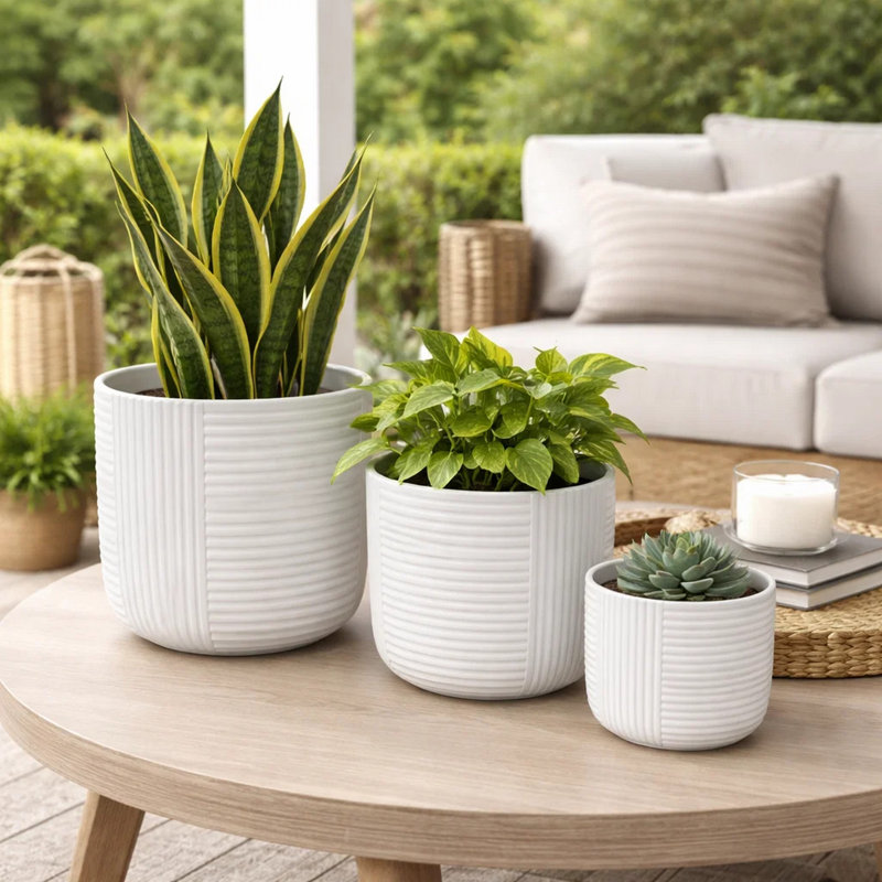 Ensemble de 3 pots à fleurs nervurés en céramique blanche Kena, 12 10 8 po