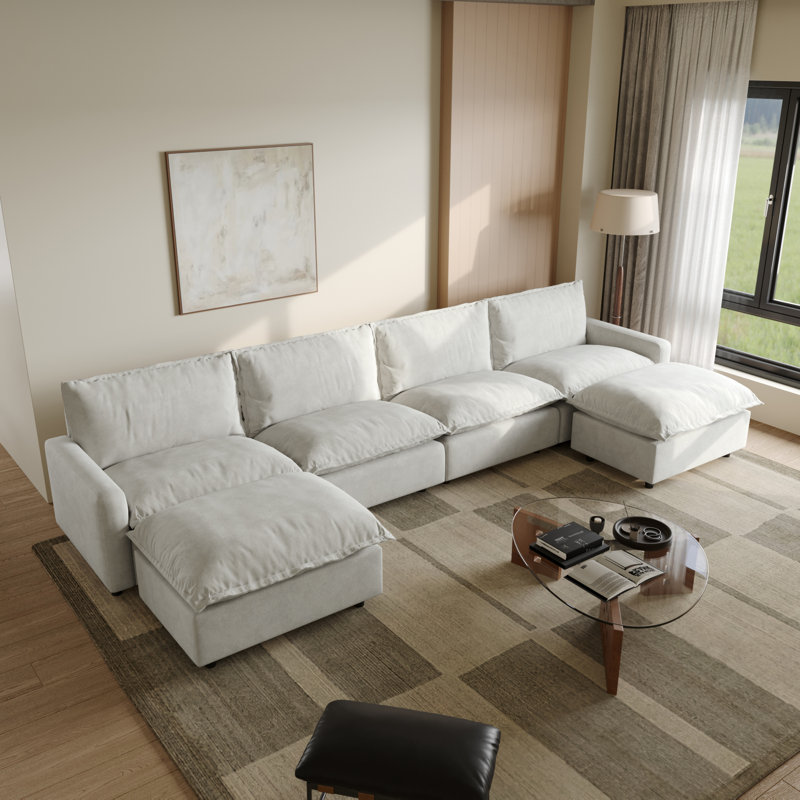 6-Piece Upholstered Modular Linen Fabric Sectional Sofa With Ottoman, Beige Linen, 35.04" H x 148.82" W x 59.44" D