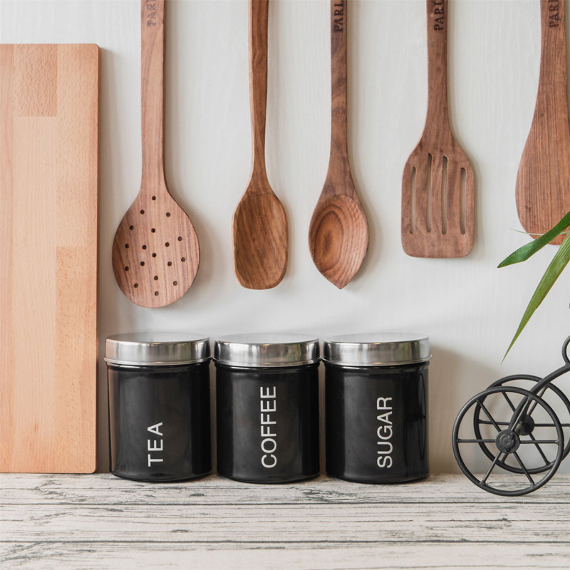 Harbour Housewares - Round Metal Kitchen Tea Coffee Sugar Canisters, Black