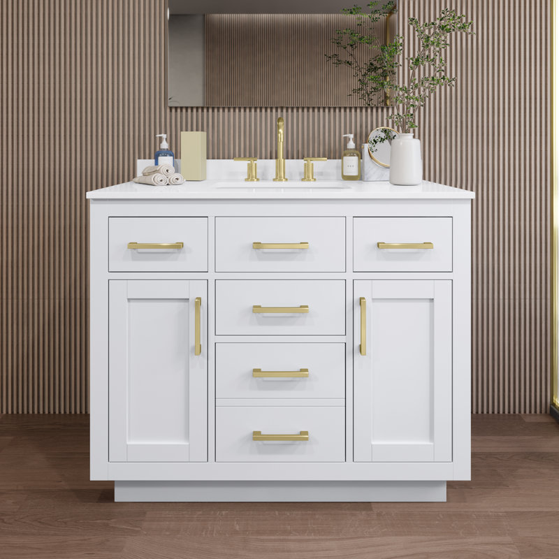 Beckett TK 42'' Free Standing Single Bathroom Vanity with Top, White Quartz, Dark Gray, Matte Black