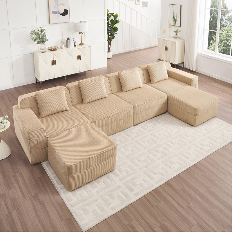 Canapé modulaire modulaire en forme de U sans siège à 4 places, canapé modulaire Cloud avec assise profonde, canapé modulaire moderne à 4 places avec coussins décoratifs et 2 repose-pieds amovibles, tissu en velours côtelé