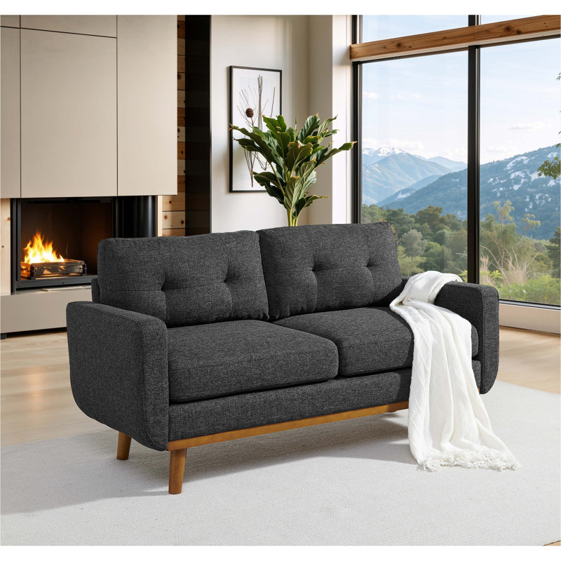 67.7" Wide Mid-Century Modern Upholstered Tufted Loveseat Sofa With Wooden Legs, Dark Gray
