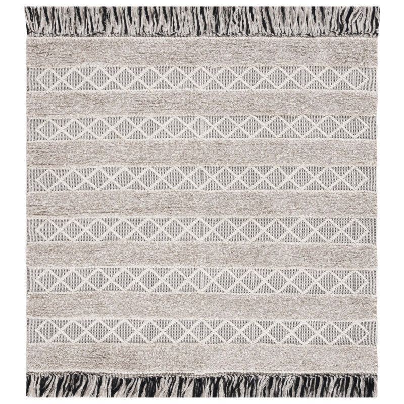Ailiedh Vermont Flat Weave Wool/Cotton Striped Rug in Ivory/Beige, Square 6'