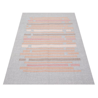 Tapis gris clair / brun en laine tissé à plat à la main à motif rectangulaire abstrait 4 pi 10 po x 8 pi 4 po Quintera