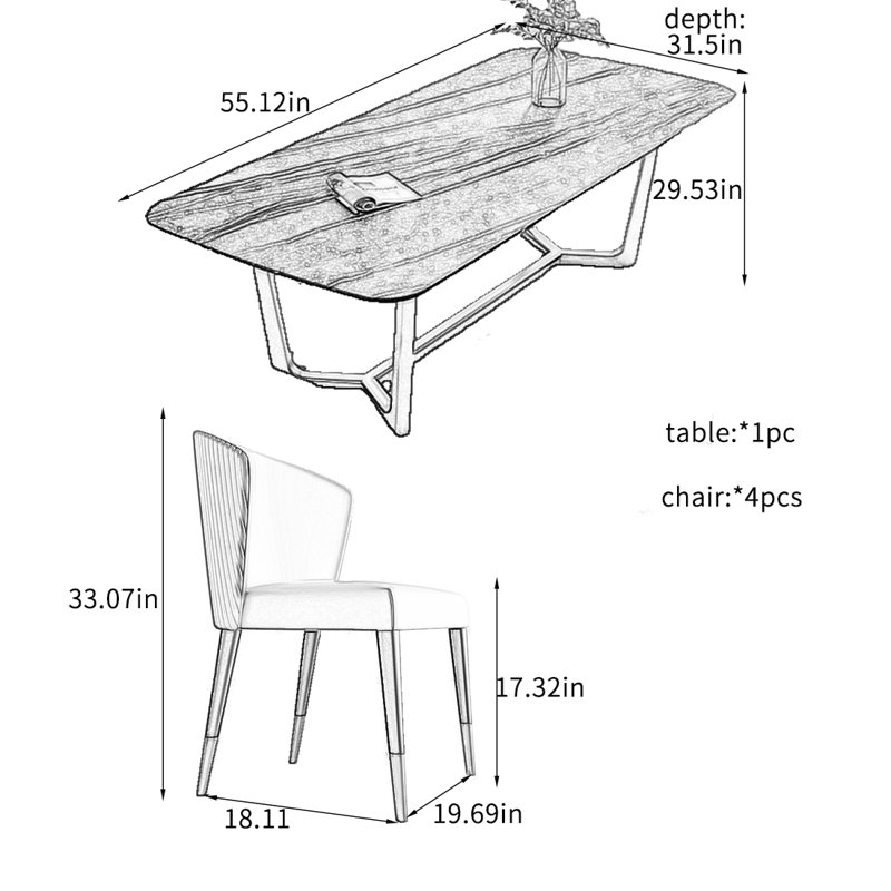 Light Luxury Simple Rock Dining Table Sets., 29.53"H x 55.12"L x 31.5"W