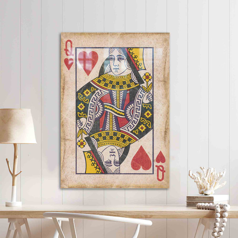 Art mural en verre trempé à thème Queen of Hearts, idéal pour ajouter une touche unique à votre salle de jeux