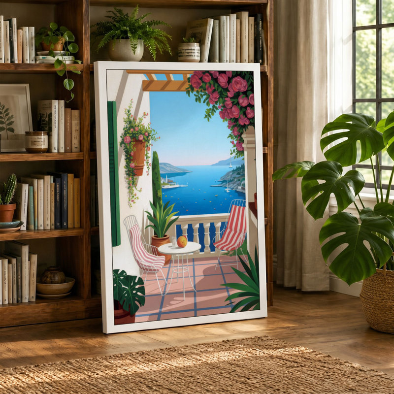Mediterranean Terrace Coastal - Wrapped Canvas, 24x16 - 61.0 x 40.6 cm, Teal Border