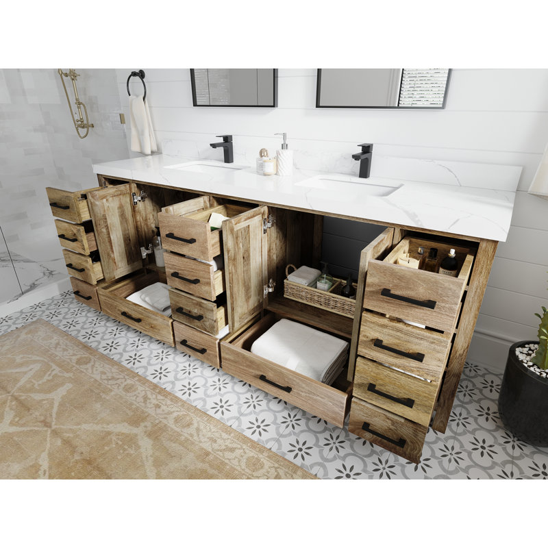 Natural Mango Wood Double Bathroom Vanity with Quartz Top