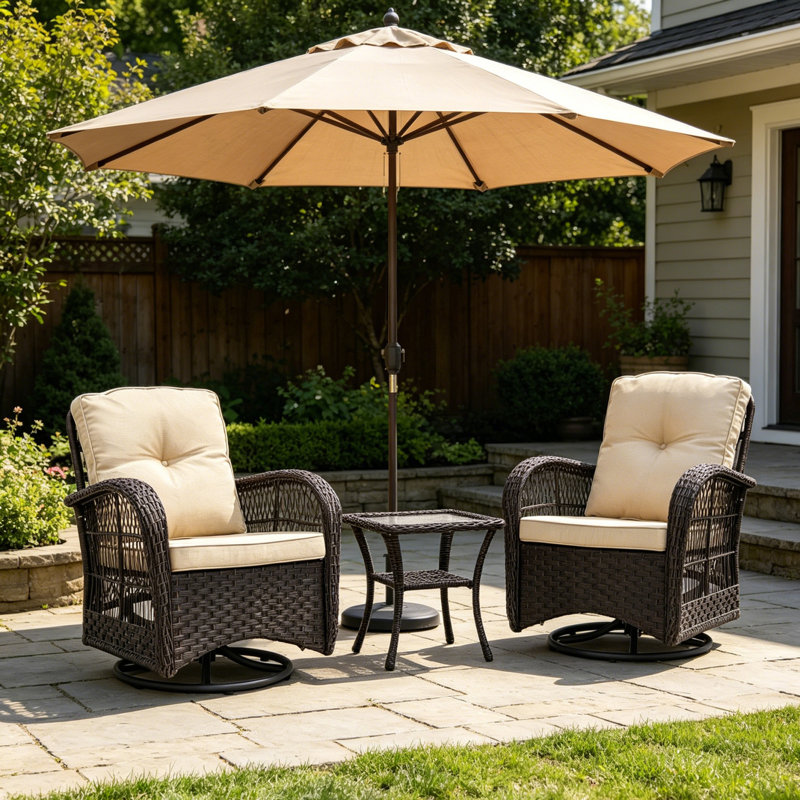 2-Person Wicker Outdoor Seating Group With Swivel Glider with Cushions and Side Table, Dark Brown