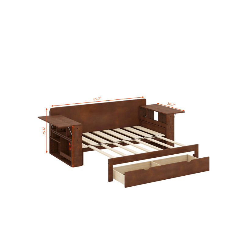 Lit de jour double avec bureau, tiroirs de rangement et table d'appoint hydraulique, Lit double, Espresso