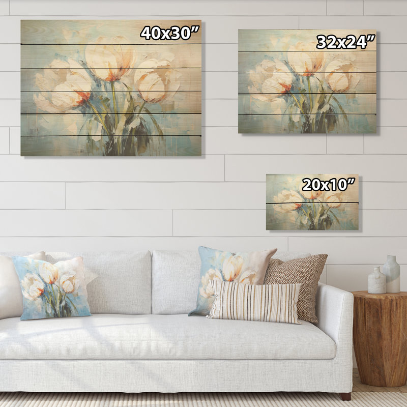 Minimalism White And Blue Tulips I - Tulips Wood Panel Wall Art On Natural Pine Wood, 10" H x 20" W