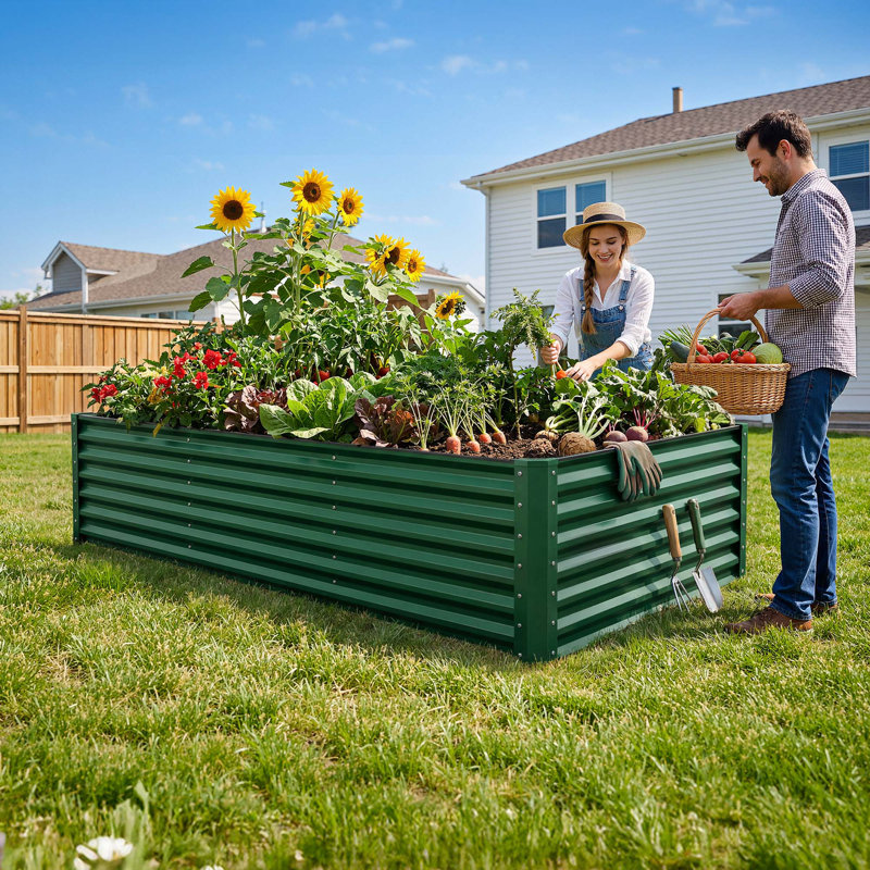 Large Galvanized Raised Garden Bed Kit With Gloves, Green, 36'' H x 96'' W x 48'' D