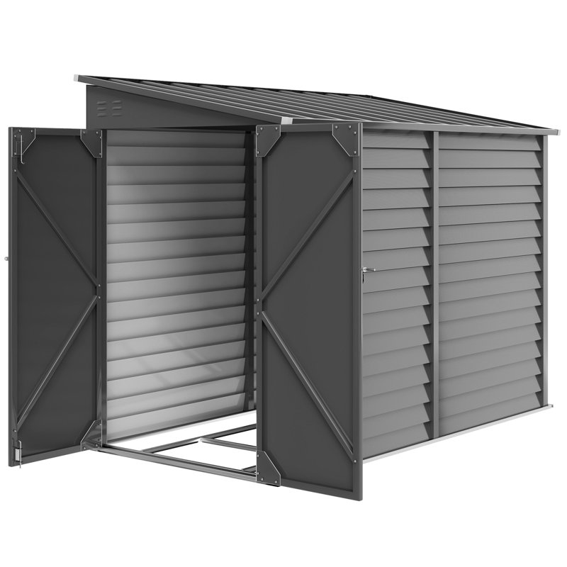 Remise de rangement extérieure gris foncé avec portes verrouillables, fentes de ventilation et trousse de fondation interne - idéale pour l'équipement d'entretien de la pelouse.