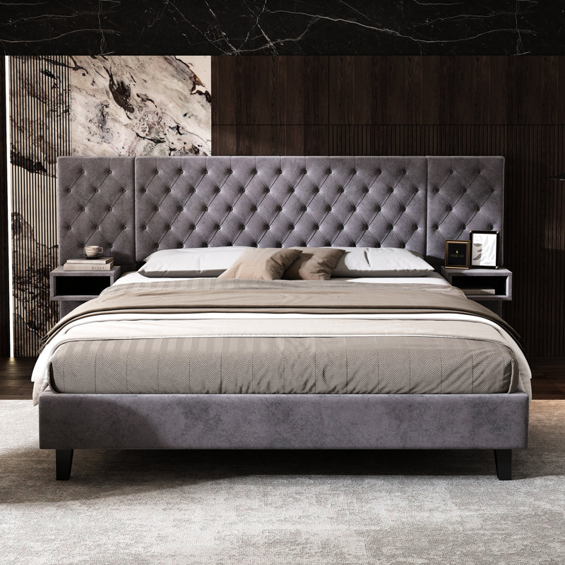 Très grand lit plateforme avec tête de lit - Revêtement en velours gris, 2 tables de chevet, diamant, sans sommier, fabrication en bois, assemblage sans effort