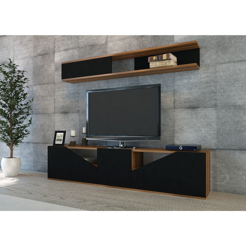 Meuble télé moderne avec tablette murale, noyer et noir, 70,9 x 15,7 x 12,2 pouces | 100% panneau de particules enduit de mélamine, épaisseur: 0,7 pouce | Nombreuses tablettes, conception murale, élégante et fonctionnelle pour le salon ou la salle familiale