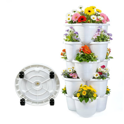 5 Tier Stackable Planter Tower Locking Wheels White for Indoor Outdoor Vertical Garden Herbs Strawberries Flowers Vegetables