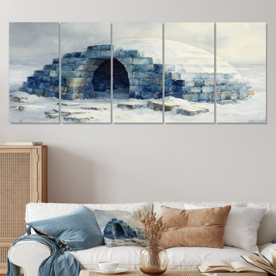 Igloo In Blue And White Tones III - Winter Landscape Canvas Wall Art Set