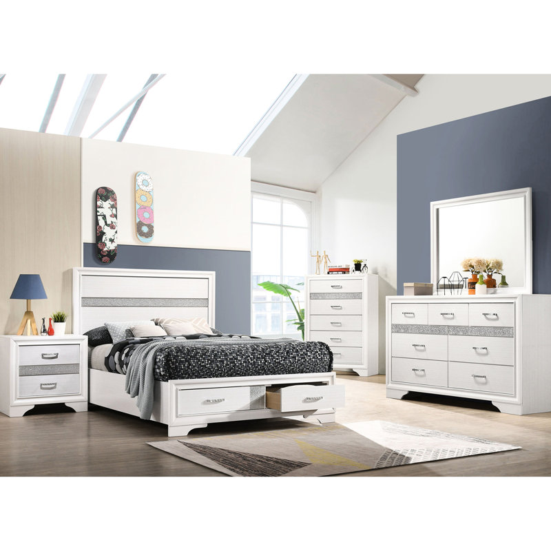 Lit à panneau double blanc avec compartiments intégrés, chambre attrayante intemporelle, poignées fonctionnelles, bois franc asiatique et panneau de particules, rangement à compartiments longs de 79,41 po, look polyvalent