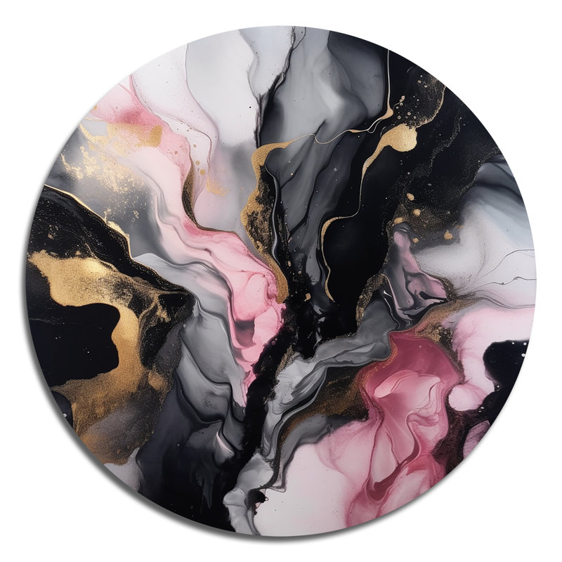 «Black Gold Marble Splash II», art mural rond en marbre abstrait sur métal, H 23 po x l 23 po x P 1 po