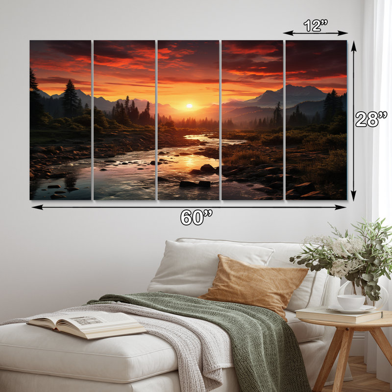 «Sunrise Morning At The River», reproduction d'art sur toile - 5 panneaux égaux