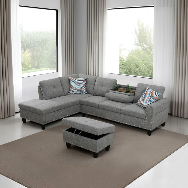3-piece Linen Sectional Sofa, Right Hand Facing, Dark Gray Linen