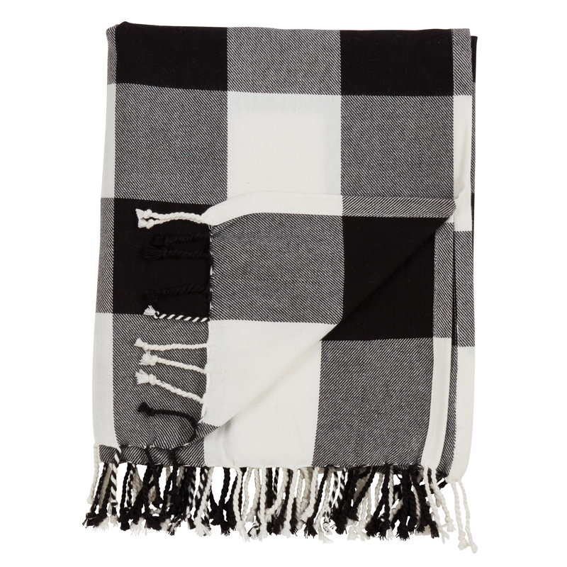 Buffalo Plaid Tassel-Trimmed Cotton Throw Blanket - Black and White