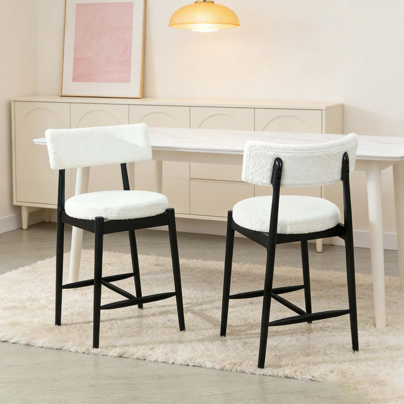 Tabouret de comptoir Mid-Century moderne (structure en bois d'hévéa noir, beige bouclé) - ensemble de 2, Noir