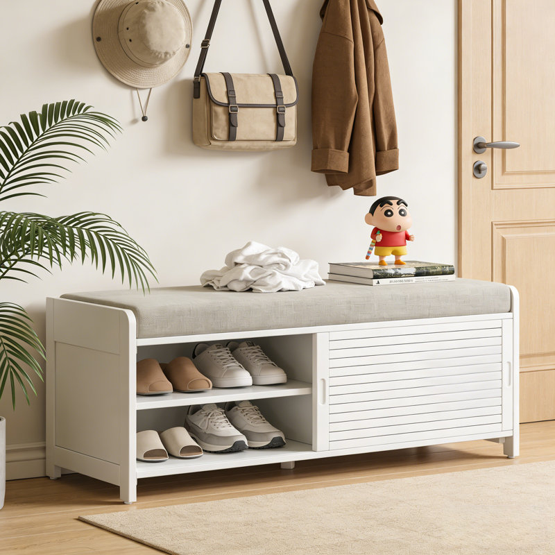 Banc à chaussures avec rangement et coussin, banc de rangement à volets vieillis avec charme rétro pour le salon, entrée (blanc)