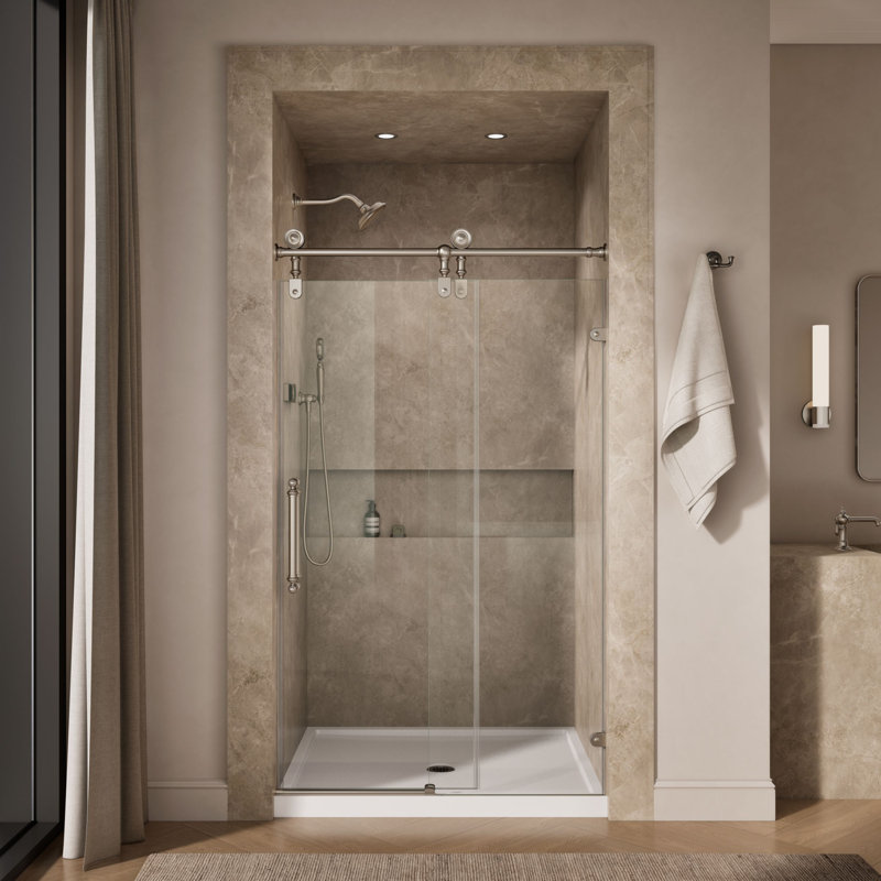 Artifacts 80-7/8 In. H Sliding Shower Door With 3/8 In.-Thick Glass, Brushed Nickel