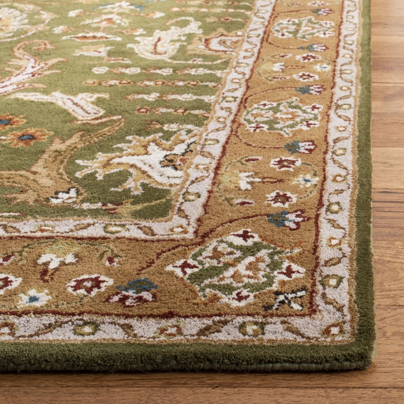 Tapis oriental en laine vert clair et or touffeté à la main vert Alger, Rectangle 7 pi 6 po x 9 pi 6 po