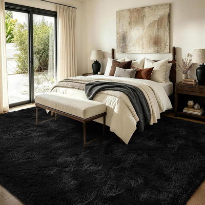 Tapis noir ultra-doux et moelleux – Tapis antidérapant et moelleux pour salon et chambre