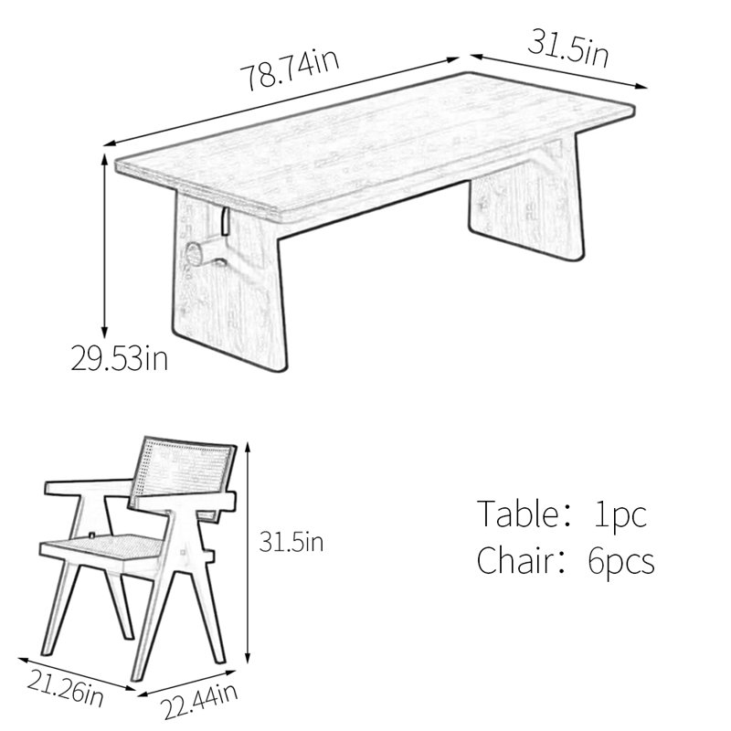 Solid wood elm dining table set, 29.53" H x 78.74" L x 31.5" W