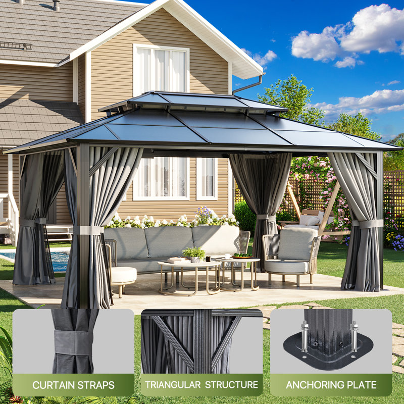 16' X 12' Hardtop Gazebo With Double Roof, Polycarbonate Outdoor Gazebo With Curtains & Netting, Aluminum Frame Permanent Patio Shelter For Backyard, Deck, Poolside