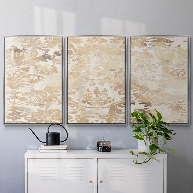 Noyer damassé II - Toile encadrée multi-pièces, H 36 po x l 75 po x P 2 po, Argenté