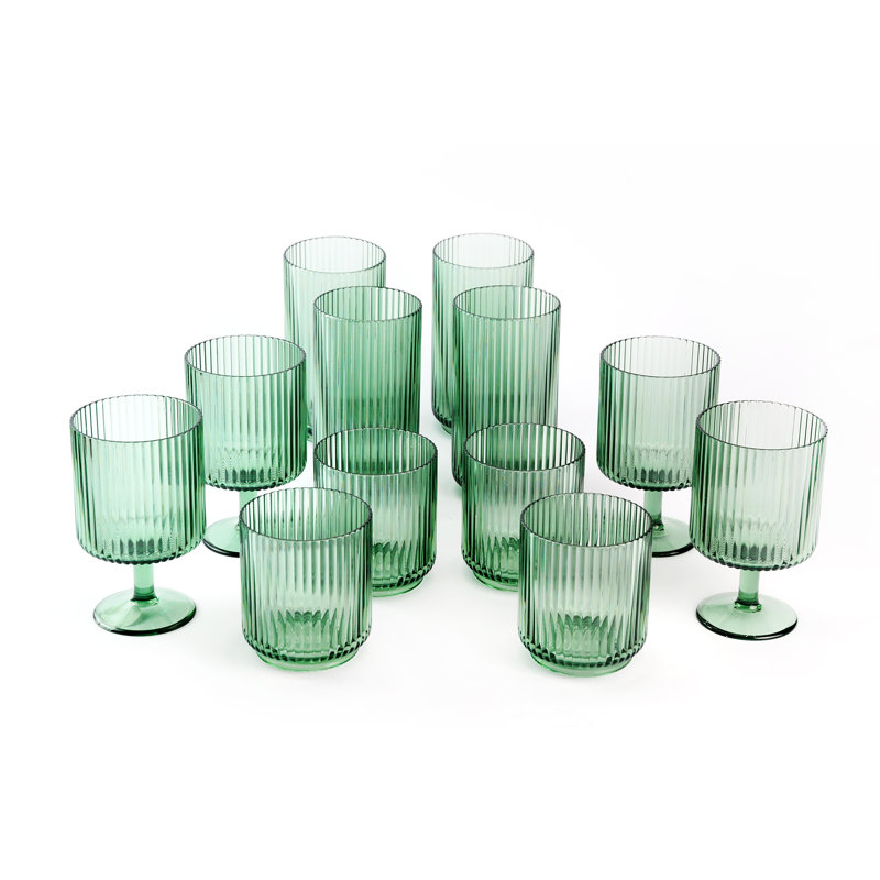Daurenbek Ridged 12 Piece Acrylic Assorted Glassware Set, Green