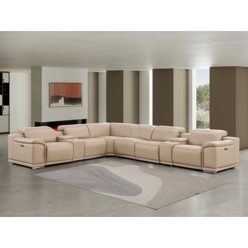 8-Piece L-Shaped Power Reclining Sectional In Genuine Leather – 4 Recliners, Beige Top Grain Leather