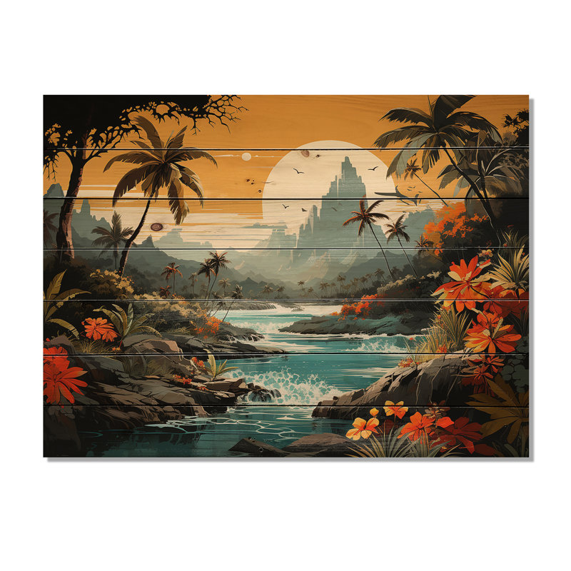 Vintage Tropical Coastline Paradise II - Tropical côtier sur bois, H 24 po x l 32 po
