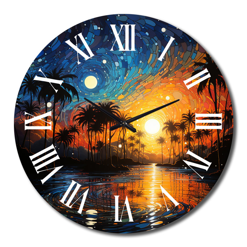Horloge murale palmiers - pointillisme tropical I, Très grand