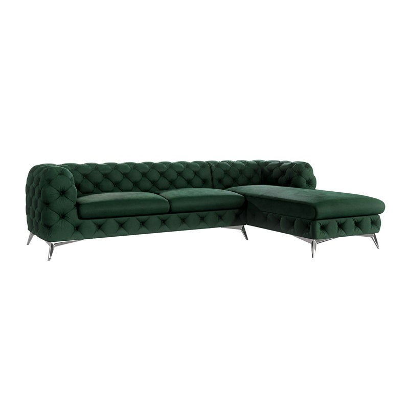 Chesterfield Corner Chaise Sofa  with Silver Metal Legs, Bottle Green, Right Hand Facing