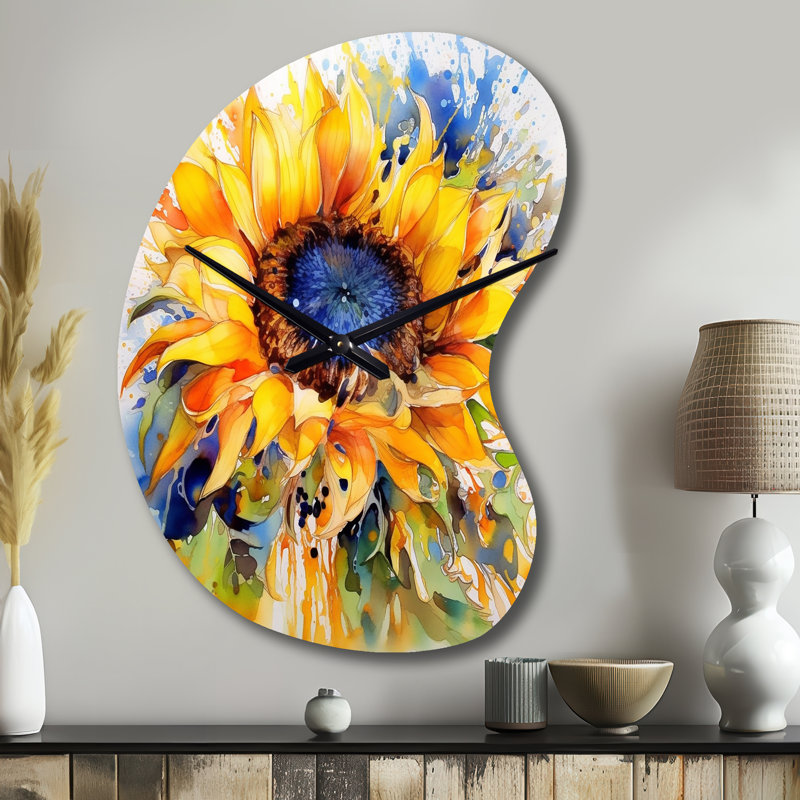 «Viar» jaune bleu doré tournesols joyeux - horloge murale asymétrique florale, Petit