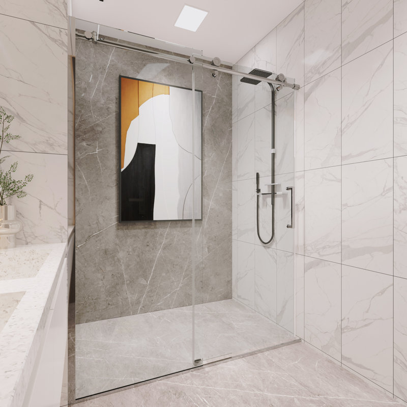 Oceanus 55" - 59" W x 75" H Single Sliding Frameless Shower Door with Clear Glass, Chrome