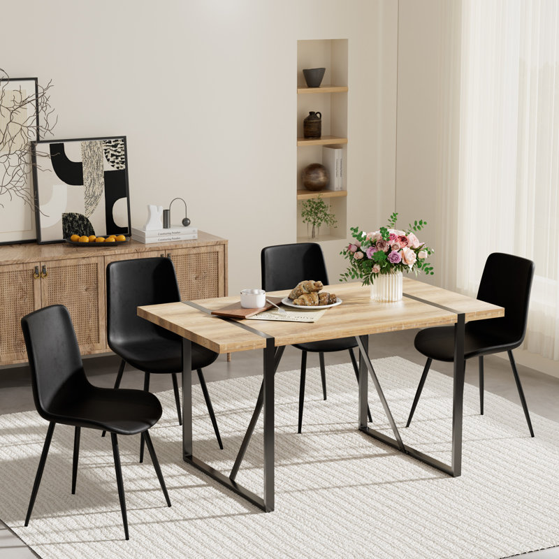 Rectangular Wood Top Double Pedestal Dining Set, Black, 5