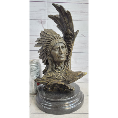 Dansfield Native American Man  Eagle Bronze Metal Bust Sculpture Statue On Marble Base