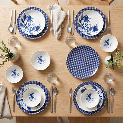 Service de vaisselle en porcelaine bleu et blanc Indigo Bloom (service de 14 pièces pour 4 personnes)