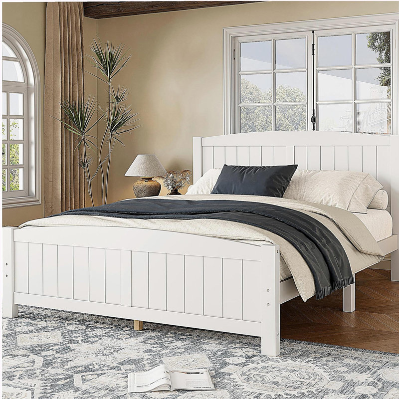 Grand lit plateforme, lit plateforme en bois massif avec lattes de soutien et structure solide, aucun sommier requis, blanc