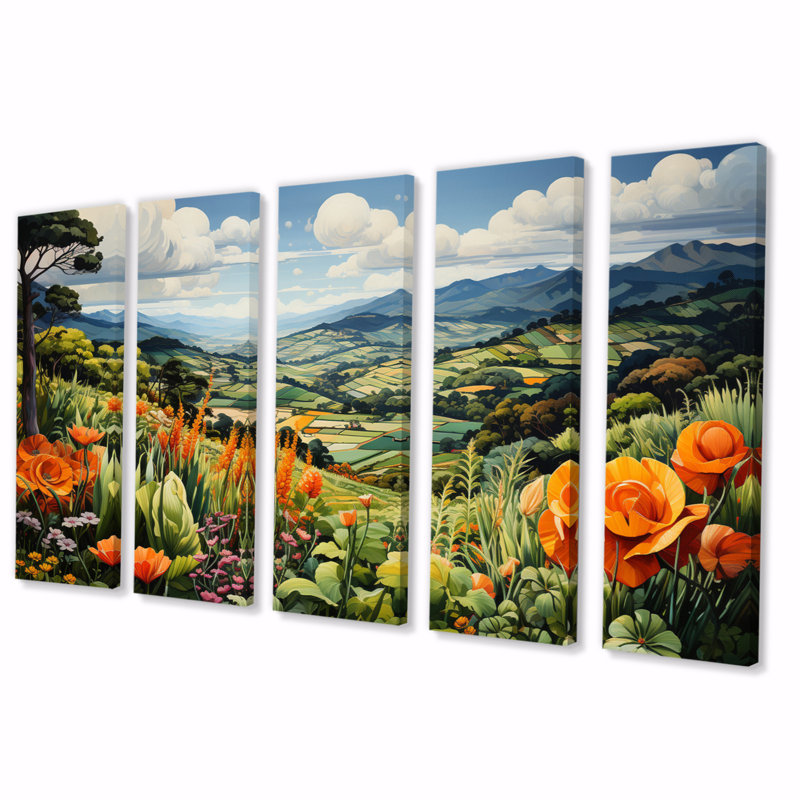 «Vietnam Hills Of Da Lat Floral Landscape», reproduction d'art sur toile - 5 panneaux égaux