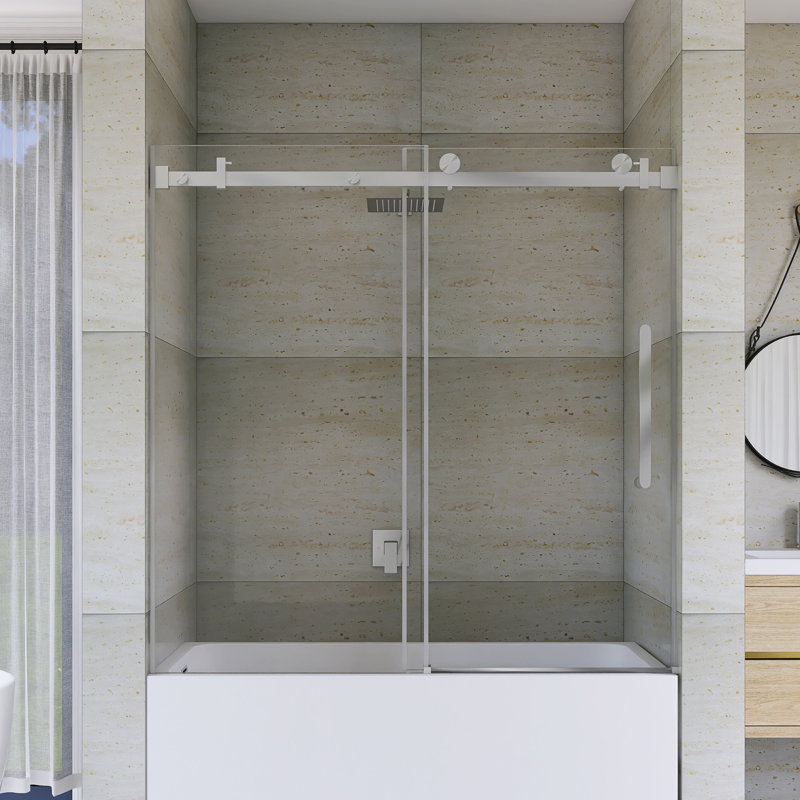 56-60 "W X 60" H Frameless Sliding Shower Door In Brushed Nickel Finish, Brushed Nickel