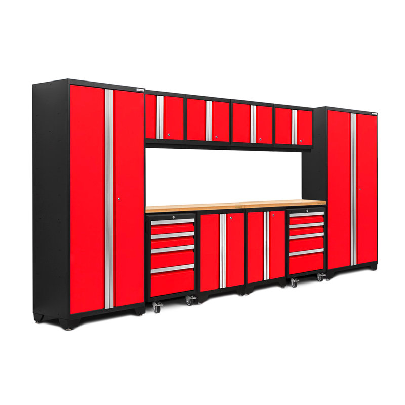 Deep Red 156" Steel Lockable Cabinet Set with Bamboo Worktop