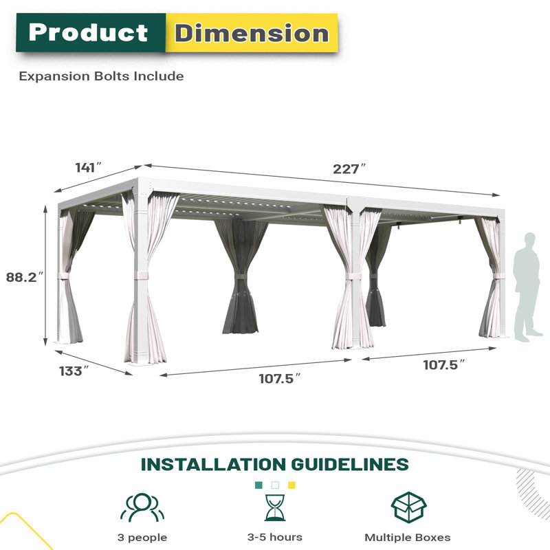 20 Ft. W x 12 Ft. D Aluminum Pergola, Outdoor Pergola with Adjustable Louver Roof