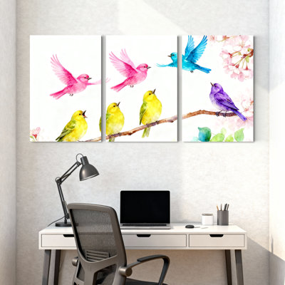Oiseaux colorés sur une branche avec des fleurs, ensemble de 3 impressions sur toile
